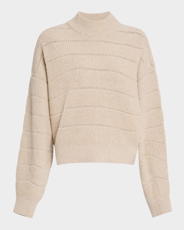 Mock-Neck Paillette Horizontal Open-Knit Sweat